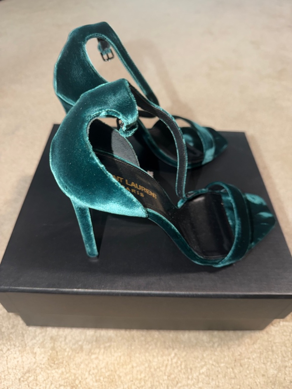 Saint Laurent Emerald Green Velvet Ankle-Strap Stilettos - Picture 3 of 4